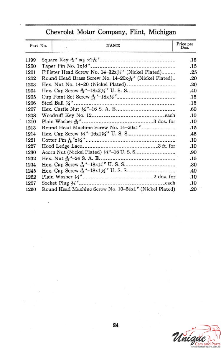 1912 Chevrolet Light and Little Six Parts Price List Page 72